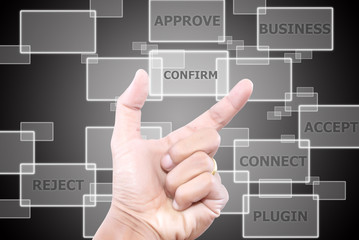 Hand Holding Confirm word Button.