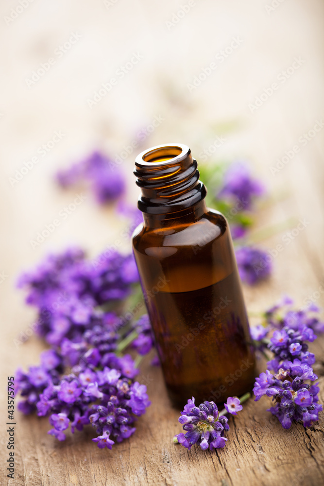 Sticker essential oil and lavender flowers