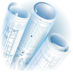 Architectural background with rolls of drawings