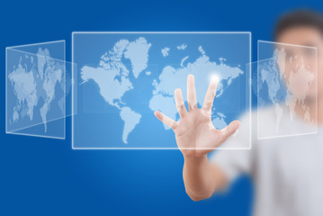 Businessman pushing Social Network world map.