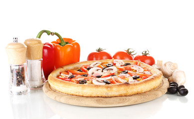 Aromatic pizza with vegetables and mushrooms isolated on white