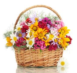 Fototapeta na wymiar beautiful bouquet of bright wildflowers in basket, isolated