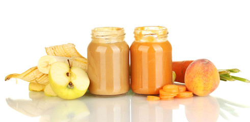 Jars with fruit and vegetables baby food isolated on white