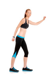 woman wearing black blue zumba fitness outfit