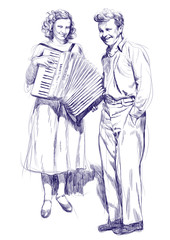 woman with an accordion and a young man - hand drawing