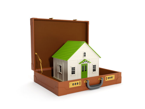 3d illustration: leather briefcase and a toy house. Solve proble