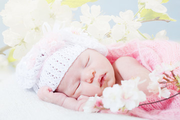  newborn girl sleeps with spring flowers 
