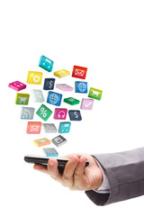 Business hand use mobile phone with colorful application icons