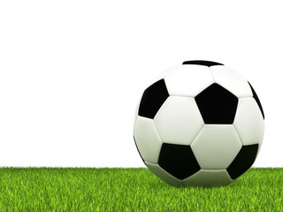 Soccer ball on green grass and white background