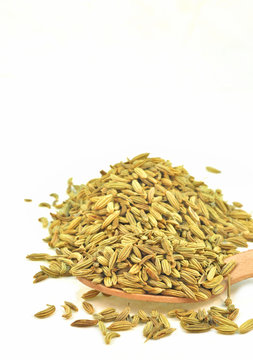 close up of seeds of fenel kept in wooden spoon