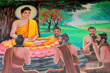 Obraz na płótnie Canvas Buddha's biography painting on wall, Wat Kud Sui, Mahasarakham