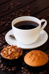 Coffee with two muffin on table close up