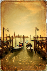 Gondole i wyspa San Giorgio Maggiore - stara pocztówka - obrazy, fototapety, plakaty