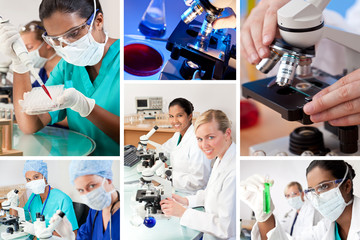 Female Research Laboratory Scientists with Microscopes