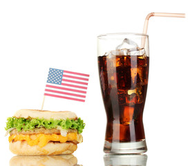 tasty sandwich with american flag and cola, isolated on white