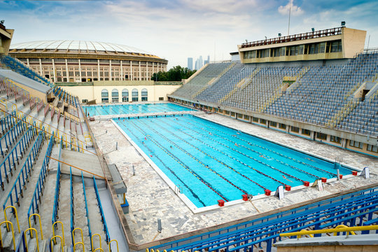 Swimming pool in Moscow, Russia. Old sport stadium in Luzhniki Park outdoor.