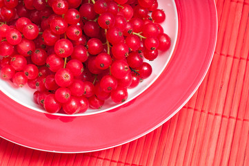 Rote Johannisbeeren mit Teller und Tischdecke