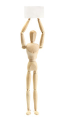 wooden mannequin with empty paper isolated on white