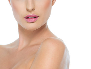 Obraz na płótnie Canvas Closeup on female neck and lips isolated on white