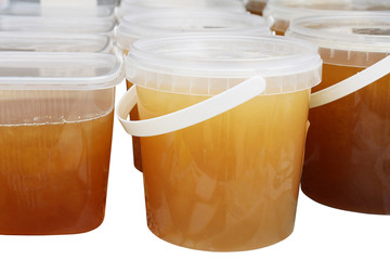 Honey jars on the market stall