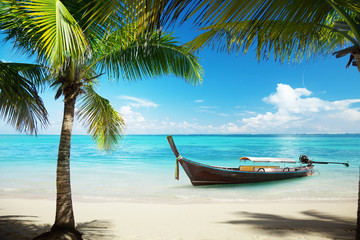 Fototapeta na wymiar morze, palmy kokosowe i łodzi