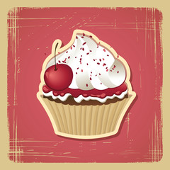 Vector illustration of cupcake with cherry. Vintage card.