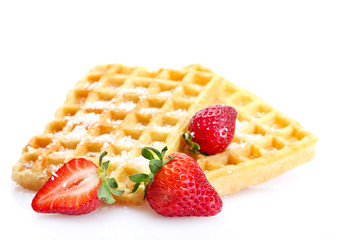 belgium waffles with strawberries isolated on white