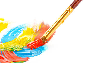 Abstract gouache paint and brush, isolated on white