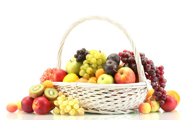 Assortment of exotic fruits in basket isolated on white