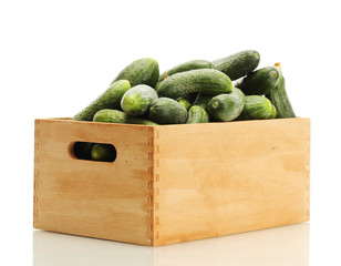 fresh cucumbers in wooden box isolated on white