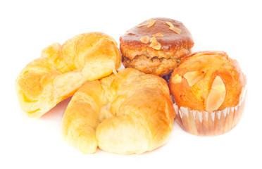butter croissant with freshly mixed muffin on the white backgrou