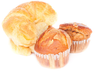 butter croissant with freshly mixed muffin on the white backgrou