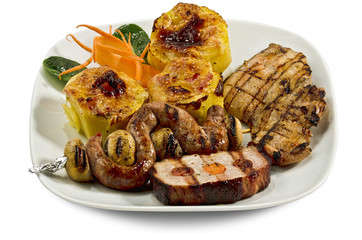 Dish with various meats and potatoes