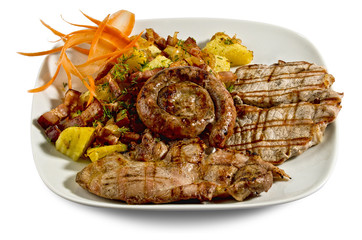 Dish with various meats and potatoes