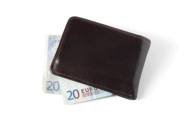 brown wallet with euro bill isolated on white