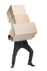 Shop assistant carries the heavy parcel, white background - 43626562