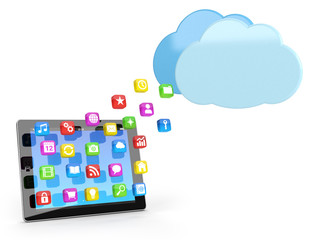 digital tablet pc with app icons and cloud