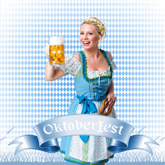 junge blonde Frau im Dirndl mit Masskrug und Brezn