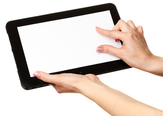 woman hands holding a tablet isolated on white