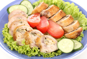 Tasty meat cutlet with garnish on plate close-up