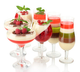 fruit jelly with chocolate and pberries in glasses isolated