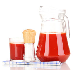 Tomato juice in pitcher and glass isolated on white