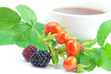cup of tea, blackberry,raspberry and rosehip berries with leaves