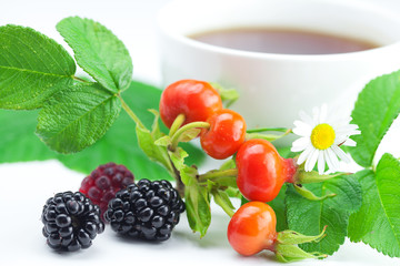 cup of tea, blackberry,raspberry and rosehip berries with leaves