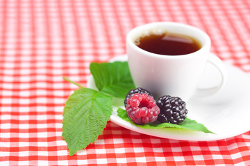 cup of tea,raspberry and  blackberry with leaves on plaid fabric
