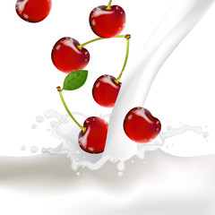 Vector Cherries falling into a Splash of Milk