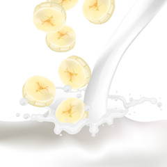 Vector Illustration of Bananas falling into a Splash of Milk