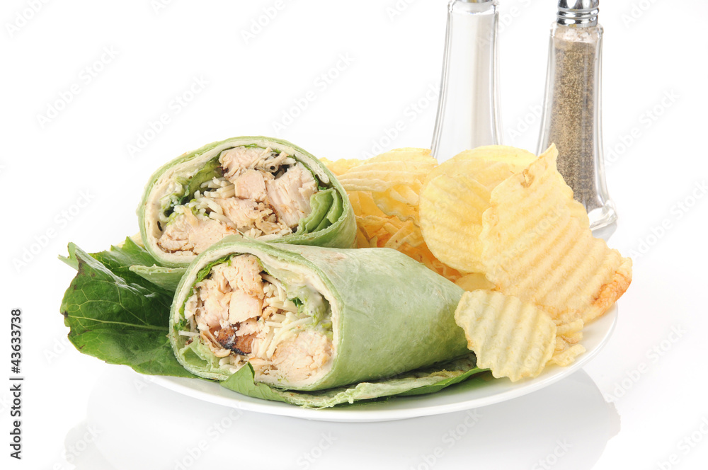 Wall mural chicken ceasar sandwich wrap on white