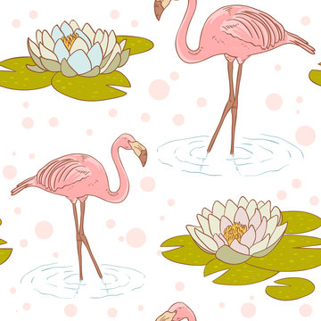 Pink flamingo with water lily flower seamless texture