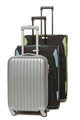 Three travel suitcases standing over white background